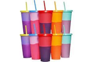 Yisituo 710ml Becher mit Deckel und Strohhalm, 10 Stück Farbwechsel Becher, für Kinder, Mehrweg Plastikbecher, für Partys, Smoothies und Travel (10, Farbenfroh)