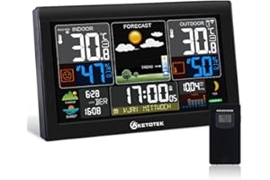 KETOTEK Radiowa stacja pogodowa z czujnikiem zewnętrznym, DCF, budzik radiowy, drzemka, cyfrowy termometr pokojowy, higrometr, barometr, prognoza pogody, ostrzeżenie o temperaturze, miasto i język miesiąca do wyboru