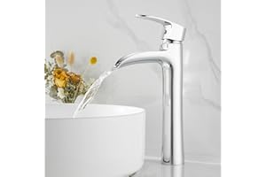 Ankoory Waterfall Bathroom Basin Mixer Tap, Tall Bathroom Sink Taps for Counter Top Basin, Monobloc Washroom Sink Faucet, Retro High Rise Basin Mixer with Flexible Tails, Solid Brass (Chrome)