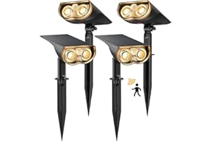 Linkind Lampe Solaire Extérieur avec Détecteur de Mouvement 1000Lm, 3000K Blanc Chaud, 3 Modes (y Compris Éclairage Continu), Spot Solaire d'Allée, StarRay IP67 Solaire LED Projecteur de Jardin, 4PCS
