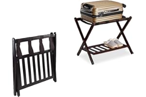 mosegor Luggage Rack Folding Suitcase Stand 2-Tier Bamboo Suitcase Holder with 4 Straps for Bedroom Hotel Guest Room Living Room, 68 x 40 x 58 cm, Black ﻿