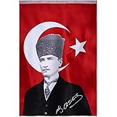 Lona Sanat T&uuml;rk Bayrağı Kalpaklı Atat&uuml;rk Posterli Saten T&uuml;rk Bayrağı K.Atat&uuml;rk İmzalı T&uuml;rk Bayrağı 70X100