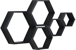 PHOENANCEE Set of 5, Hexagon Floating Shelves, Wooden Wall Mounted Hexagonal Shelf, Solid Wood Decorative Hanging Shelf for Bedoom, Living Room, Office, Home Decor(Rustic Black)