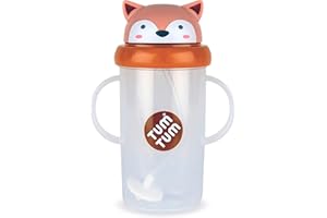 TUM TUM Tazza con cannuccia pesata, tazza antiperdita, tazza di apprendimento per bambini, coperchio pieghevole, cannuccia in silicone (Fergus le Volpe 300ml)