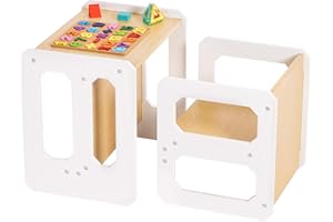 Yorbay Ensemble Table et chaises pour Enfants avec 1 Tabouret, Ensemble de Sièges Réversibles 3 en 1 et Banc pour Enfants Convertibles en Table, Meubles pour Enfant (Naturel, M)