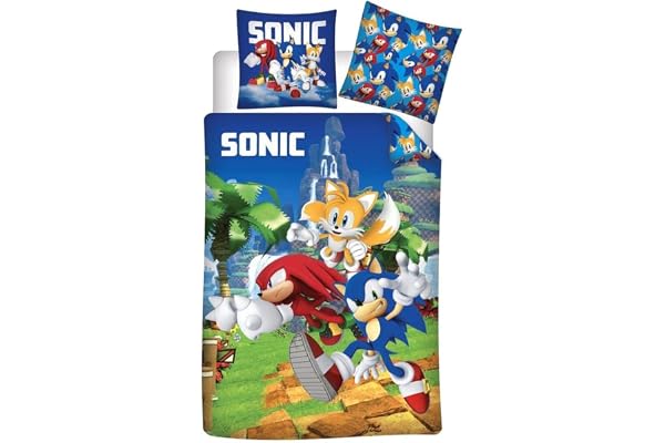 Sonic Tails Knuckles påslakan säng 90 140 x 200 + örngott knappar | Ultramjuka sängkläder | Oeko-Tex-polyester | Officiell SEGA | Knappstängning | Barn