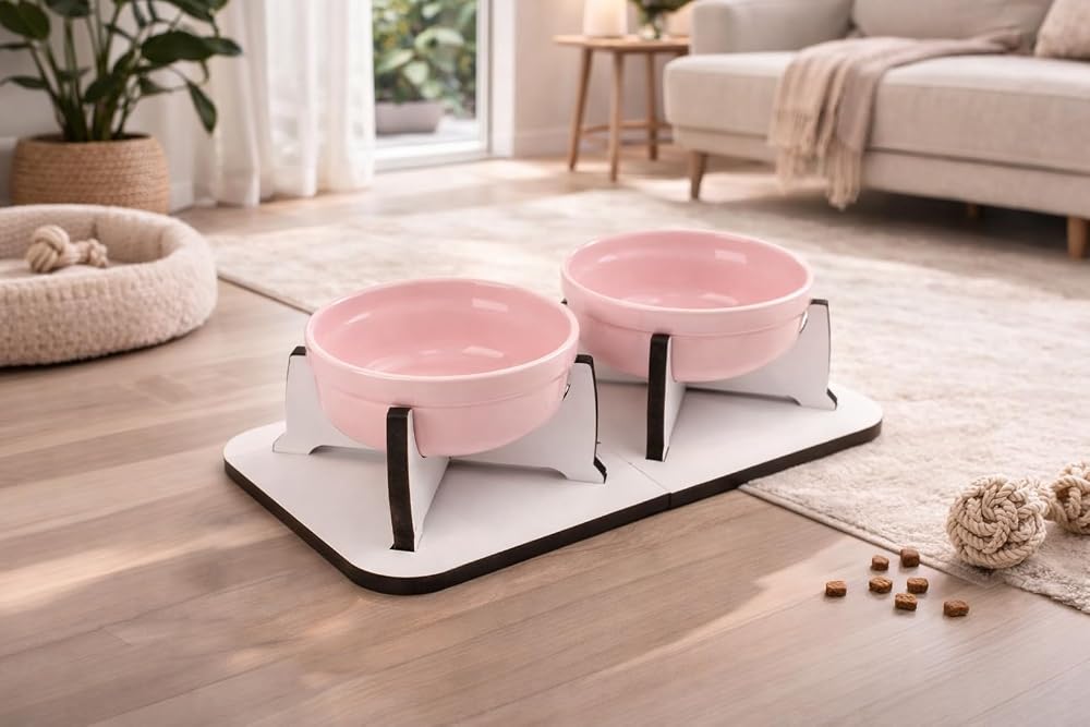 Gobypet Kedi Köpek Mama kabı, Ahşap Ayrılabilir Tabanlı 2’li Mama ve Su Kabı Seti – Kaymaz Stand, Hijyenik Kaseler, Minimal Tasarım, Seramik Kase (Pembe Seramik)