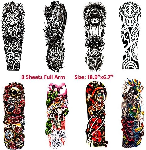 8 Sheets Temporary Tattoos for Body Makeup,Party Tattoos Stickers Full Arm Temporary Tattoos Character, Dead Skull,Cool Marking,etc.
