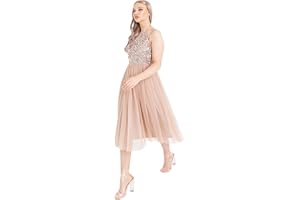 Maya Deluxe Damska sukienka midi ozdobiona wiązaniem na szyi dla druhny, Taupe Blush, 20
