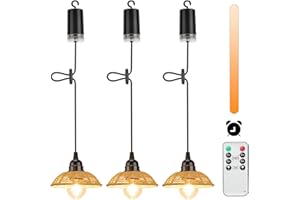 Lightsjoy Lampadario a Sospensione a Batteria, 3 Lampadario Rattan da Esterno Con Telecomando, Regolabile, Timer, IP65 Impermeabile Per gazebo Giardino Campeggio pranzo