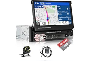 Hikity Autoradio 1 Din con Navi 7 Pollici Motorizzato Schermo, Stereo Auto Bluetooth con Retrocamera/FM/SWC, Flip Out Touch Screen Radio Auto con AUX USB TF Mirror Link (per Android/IOS)+8GB Map Card