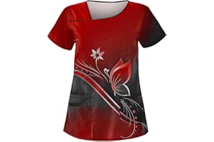 DHYUEN Op-Kasack Damen Gradient Schmetterling Druck Pflege Kasack Schlupfkasack Unregelmäßiger V-Ausschnitt Kurzarm Pflegebekleidung Medizinische Berufskleidung Mode Für Krankenpflege Altenpflege