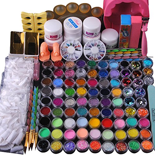 Fashion Gallery 84 Acrylic Glitter Powder Nail Art Brush Gel UV Sets Tips False Tips Kit
