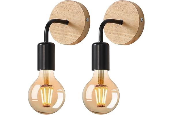 Tealight 2 Pièces Appliques Murales Industrielles Vintage, Lampe Murale Bois, E27 Rétro Luminaire Interieur pour Chambre Couloir Salon, Noir
