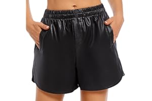 Everbellus Vita Alta Pantaloncini Pelle Shorts con Tasca per Donna