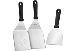 Onlyfire Kit de Espátulas Profesionales para Barbacoas, Espátula para Plancha de Acero Inoxidable, Espátula Perforada para Plancha y Rasqueta, Smash Burger Kit para Asar, Cocinar y Limpiar