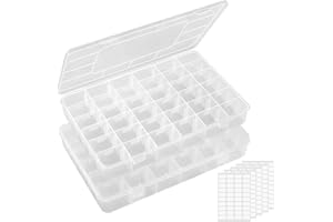 Lifewit 2 Pack 36 Grids Organiser Storage Box, Fishing Tackle Box, Clear Stackable Plastic Container with Adjustable Dividers for Beads, Art DIY, Crafts, Jewelry, with 5 Sheet Label Stickers