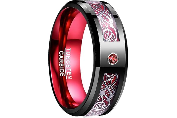 NUNCAD Bague Homme Dragon Celtique, Anneau en Tungstène avec Fibre de Carbone, 8mm, Bague/Bleu/Or/Noir/Rouge