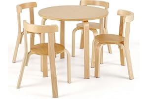 DREAMADE Ensemble de Table et 4 Chaises en Bois pour Enfants avec Dossier Incurvé, Table d'Activités avec 4 Chaises pour Tout-Petits pour Maison,Salle de Jeux et Chambre, 4 Ans et Plus (Naturel)