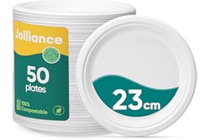Jolliance Assiettes Jetables 100% Compostables - 23 CM, Lot de 50. Solides, en fibre naturelle de bagasse de canne à sucre, blanches. Biodégradable