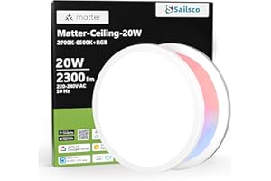 sailsco Plafon LED Techo Regulable de 20W RGBWW 2700k-6500k Redondo Lampara LED Techo 2300LM Luz Nocturna Inteligente Compatible con Matter/HomeKit/Alexa/Google Home Fuente Luz Clase E Ø29cm