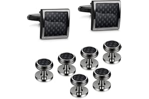 Bulckrew 8pcs Mens Cuff Links and Studs Set, Silver Black Tuxedo Shirt CuffLinks for Business Wedding Valentines Day