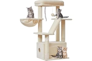 Taoqimiao Cat Tree, 97cm Cat Tower for Indoor Cats, Small Cat Tree Suitable for Kittens with Luxurious Cat Condo, Adjustable Basket and Luxurious Perch, MS029SM Beige