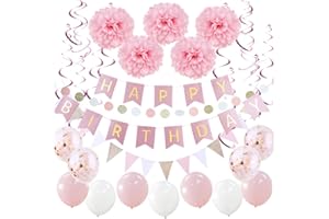 SUNBEAUTY Happy Birthday Girlande Set Geburtstag Dekoration Seidenpapier Pompoms Rosa Folie Spirale Deko (Rosa)