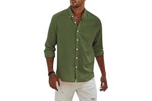 APOONABA Camisa Lino Hombre Manga Larga Color Sólido Shirts Casual Algodón Camisetas Elegante Coton Camisas con Botónes Regular Fit