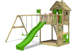 FATMOOSE Parque Infantil HappyHome Hot con Columpio y tobogán Verde Manzana, Torre de Escalada para niños de Exterior con arenero, Escalera y Accesorios de Juego para el jardín