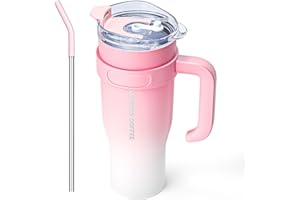 DAYMOO Mug isotherme avec paille et Poignée, Gobelet avec Paille et Couvercle, Tasse Thermos en Acier Inoxydable, Thermos Café Mug avec Couvercle, asse de Voyage Chaud ou Froid - 1.2 L, Rose Blanc