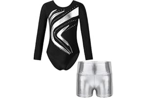 ranrann Enfant Fille Justaucorps Gymnastique Brillant avec Short Ensemble Danse Gym Métallique Costume Spectacle 5-14 Ans