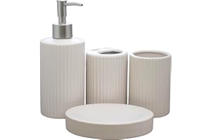 DARTHOME Set Of 4 Ceramic Bathroom Accessories Ribbed Dispenser Dish Toothbrush Tumbler (White)
