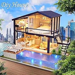 waterfaill Maison de poupées en Bois DIY 3D Dollhouse Miniature Meubles Kit incluant Accessoires et mobilier, Appartement Time, Lumière, Piscine et Musique