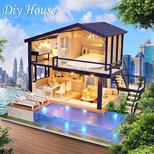 waterfaill Maison de poupées en Bois DIY 3D Dollhouse Miniature Meubles Kit incluant Accessoires et mobilier, Appartement Time, Lumière, Piscine et Musique