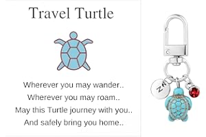 LASUROA Travel Turtle Keychain, Cute Turtle Keyring with Red Gemstone & Encouragement Card Creative Name Initials Sea Turtle Pendants Good Luck Key Chain Gift for Family Friends