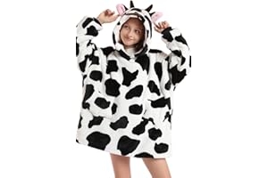 NLAND Sudadera con Capucha para Niñas Niños 7-14 Años Suave y Cómodo Sudadera Manta Oversize de Invierno Cálido y Grueso Batamanta de Forro Polar con Bolsillos y Mangas(Vaca,Talla única)