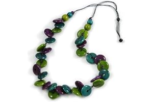 Avalaya Statement Button Wood Bead Black Cord Necklace (Purple/Teal/Lime Green) - 84cm L