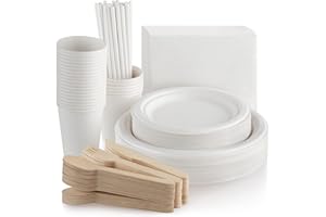 Fuyit 200Pcs Vaisselle Jetable, Bagasse Assiette Jetable Biodégradable Couteau, Fourchette et Cuillère Tasse Paille Serviette, pour Soirée Party Fête de Mariage,25 Invités