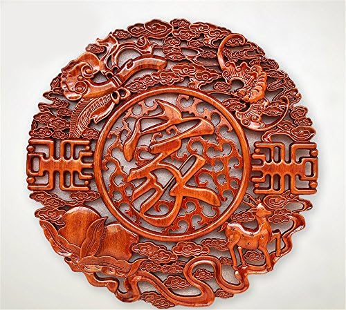 FUXINGXING Wooden Carvings Carved Camphor Wood Engraving Chinese Antique Craft Entrance Background Wall Round Solid Wood Wall Hanging, 78cm