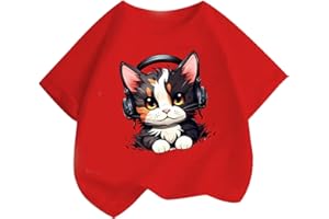 KODMNSW T-Shirt Mädchen T Shirt Kinder Tshirt Sommer Tops Baumwolle Rundhals Kurzarm Oberteile Katze Druck Kurzärmelige Coole Klamotten für Teenager 2-14 Jahre Alt
