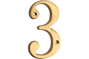 HASWARE Mosiądz 10,2 cm, nowoczesny, zakrzywiony numer domu, polerowany mosiądz, stylowe numery drzwi, szyld, ulica, adres domu, cyfry (3, mosiądz)