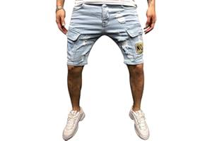 ORANDESIGNE Pantaloncini in Jeans da Uomo Estate 1/2 Pantaloni Pantaloncini a Jeans Pantalone Corto Vintage Strappati Shorts Bermuda Badge Shorts Denim Straight Slim Fit
