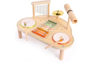 Asweets Bois Instruments de Musique, Tambour Jouet Musical Montessori Éducatifs, Ensemble de Batterie Cadeaux pour Filles et Garçons de 3 Ans Et Plus