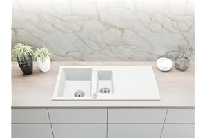 Faizee Home | Spülbecken Weiß 100x50 cm aus Granit – Modell Napoli mit 2 Becken & Abtropffläche | Beidseitig montierbare Einbauspüle | Küchenspüle inkl. Siphon-Set (Weiß)