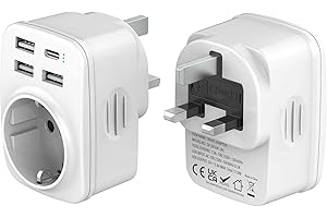 Hoppac Adaptateur Prise Anglaise, Prise Anglaise Adaptateur Francais Avec 3USB A et 1USB C,Adaptateur Voyage Multifonction 5 en 1 Prise Anglaise/UK vers France Pour UK,L'Irlande,Singapour,Dubai,Type G