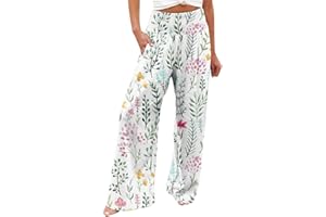 AMhomely Palazzo Pants for Women Casual Printing Pockets Elastic Waist Comfortable Straight Loose Pants Classic Lightweight Workout Tracksuit Bottoms for Yoga Fitness Running