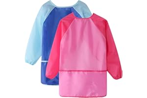 RUOJLING 2 Piezas Delantal Infantil Pintura,Delantal Niño Impermeable,Bata Pintura Niños,Mangas Larga,Impermeables,con 3 Bolsillos,para Pintura,Artesanía,Cerámica (Azul+Rosa)