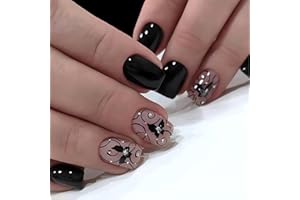 Irikdescia 24 sztuki francuskich paznokci Press On Nails krótkie z motylem, czarne sztuczne paznokcie do klejenia, wzór pnączy, kwadratowe, błyszczące, sztuczne paznokcie.