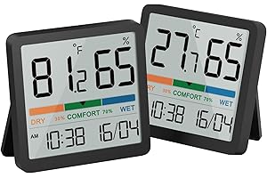 NOKLEAD Digital Room Thermometer Indoor Hygrometer Temperature Monitor and Humidity Meter with Date Clock Comfort Indicator Display Calibration for Baby Room (Black-2PCS)